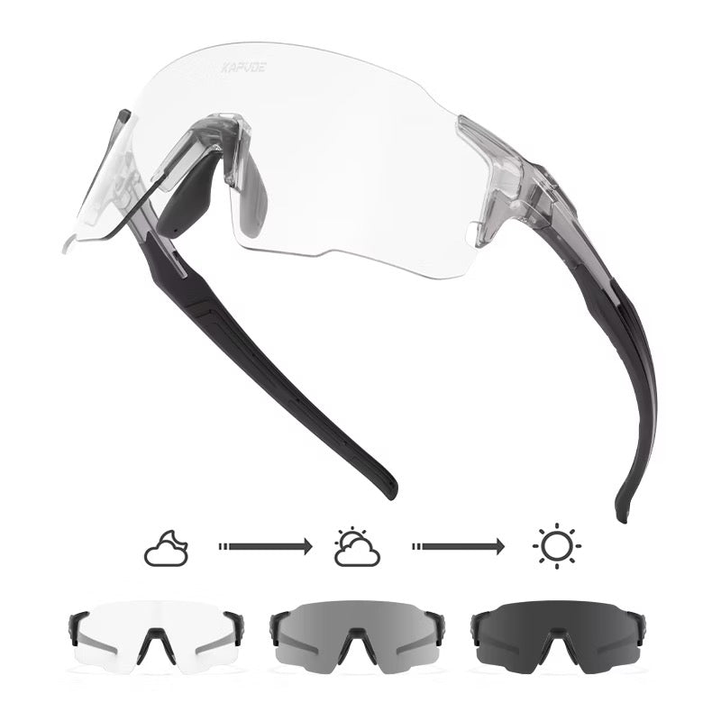 Crystal Black Frame/Photochromic Grey Lens unisex tr90 wraparound shield sunglasses, detail-01 view