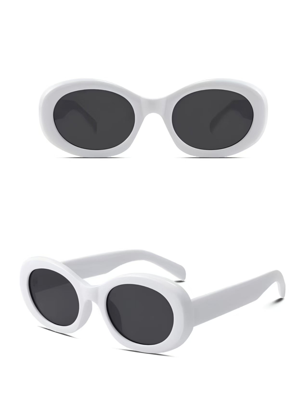 Women’s White full-rim oval sunglasses, front and three-quarter views