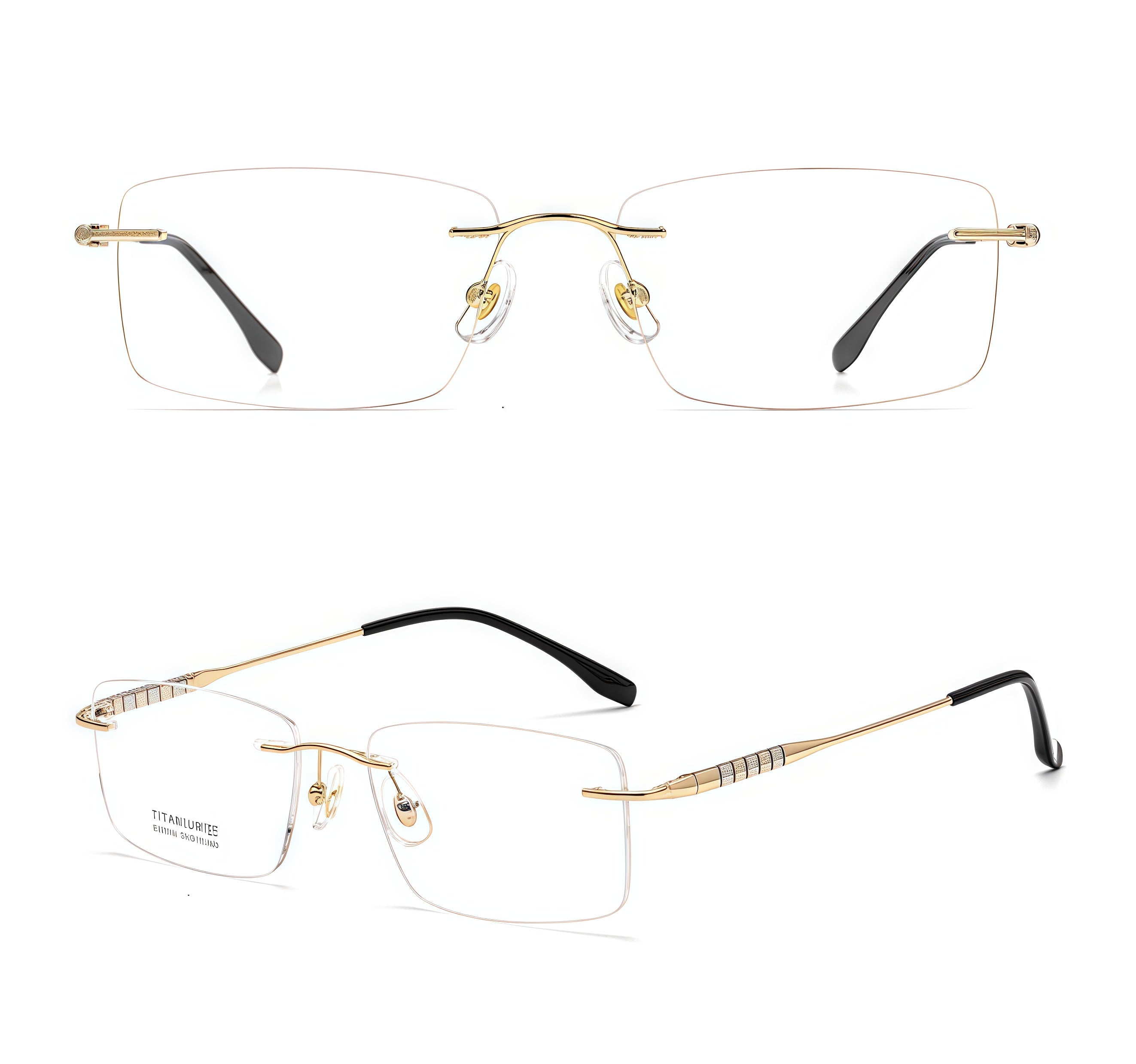 Gold men's titanium alloy rimless rectangular glasses, supplier front and three-quarter views