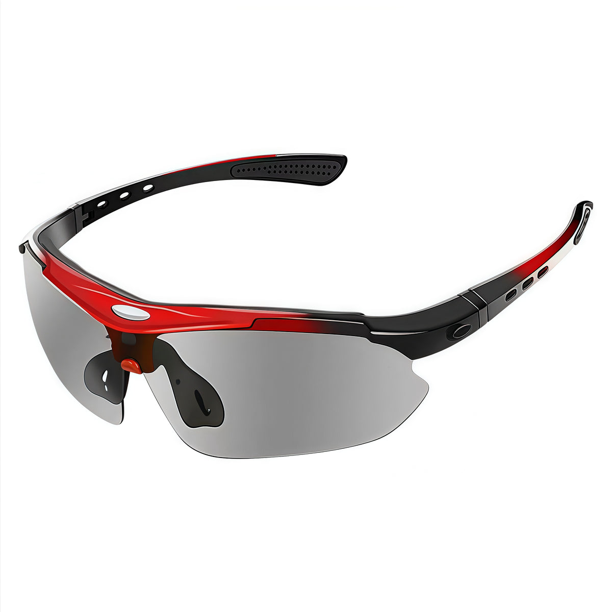 Red Frame/Photochromic Grey Lens unisex polycarbonate and rubber wraparound shield sunglasses, 45-degree view