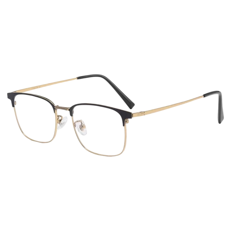 Black and Gold classic square browline profile semi-rimless eyeglass frame, three-quarter product view