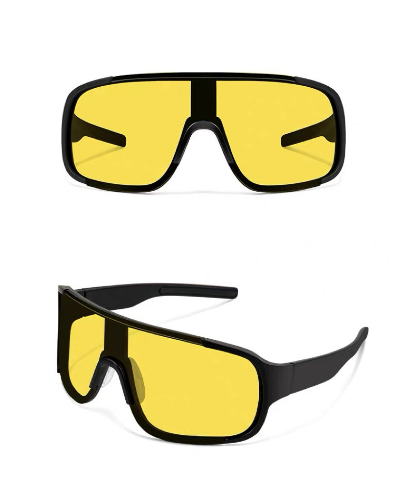 Black Frame/Yellow Lens unisex polycarbonate wraparound rectangle sunglasses, detail-01 view