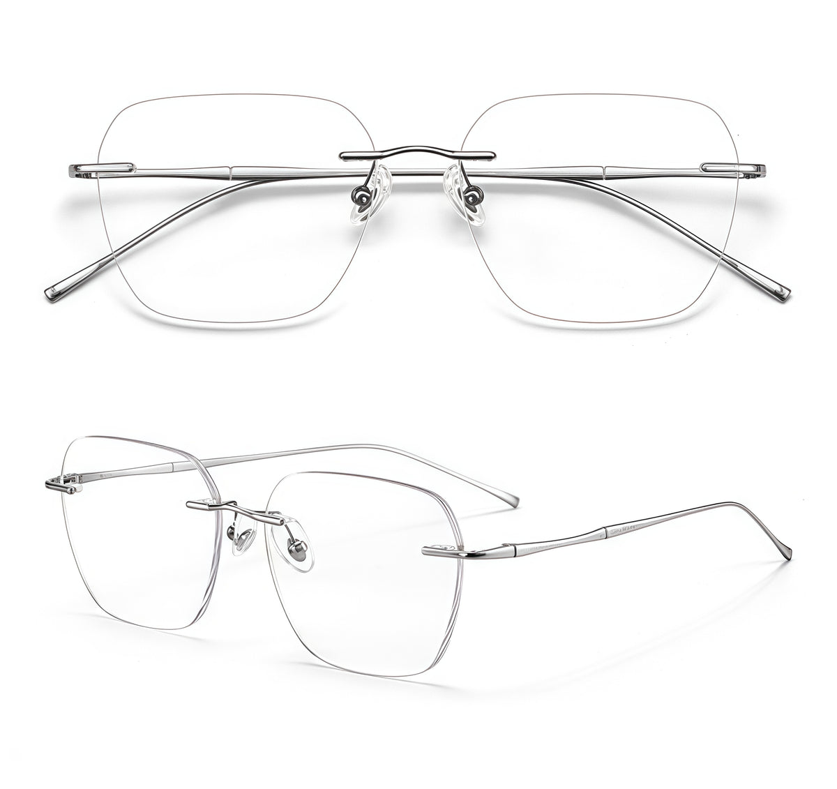 Silver front and 45-degree product views of Intellectual Professional Rimless Glasses