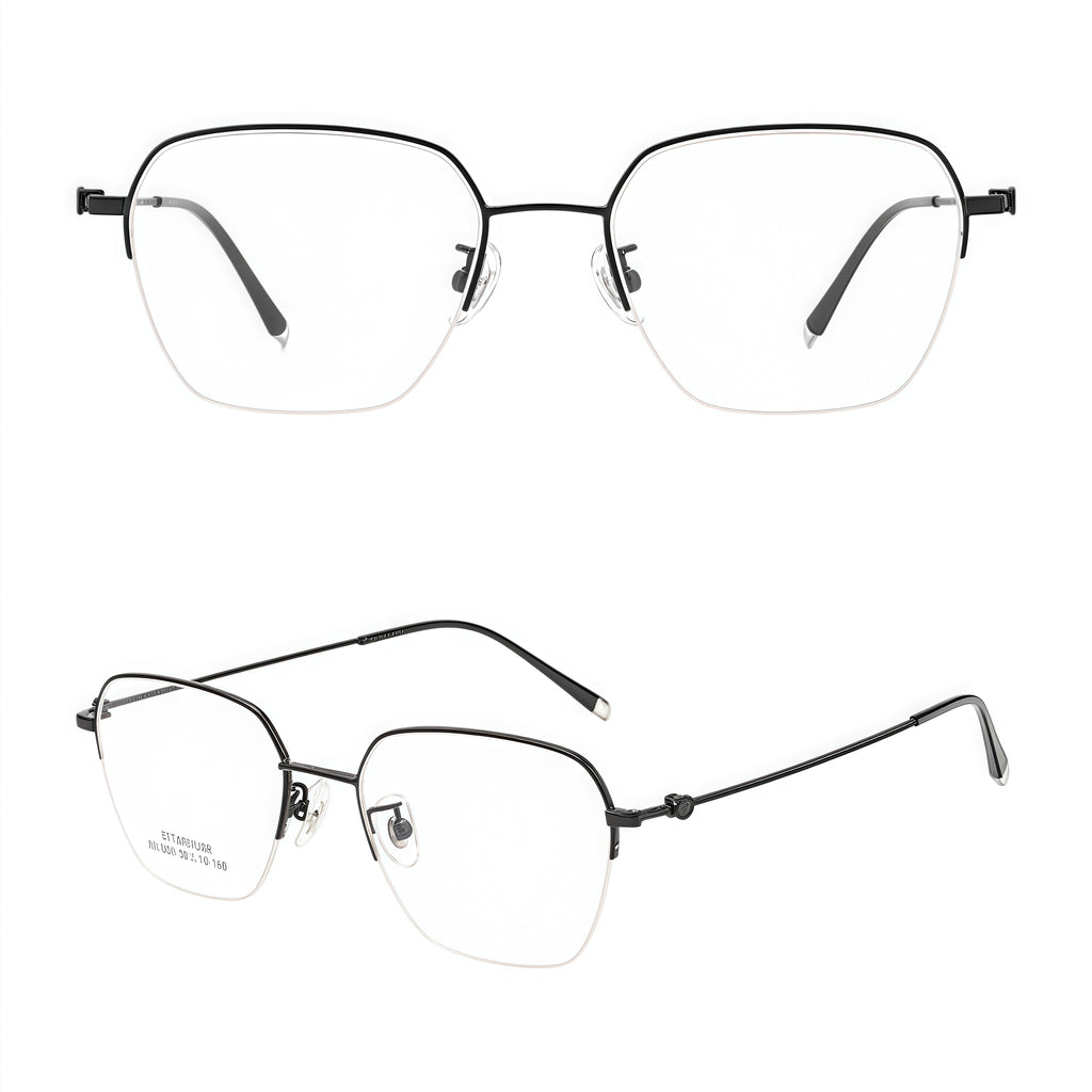 Black women's vintage titanium semi-rimless glasses, front and 45-degree composite detail