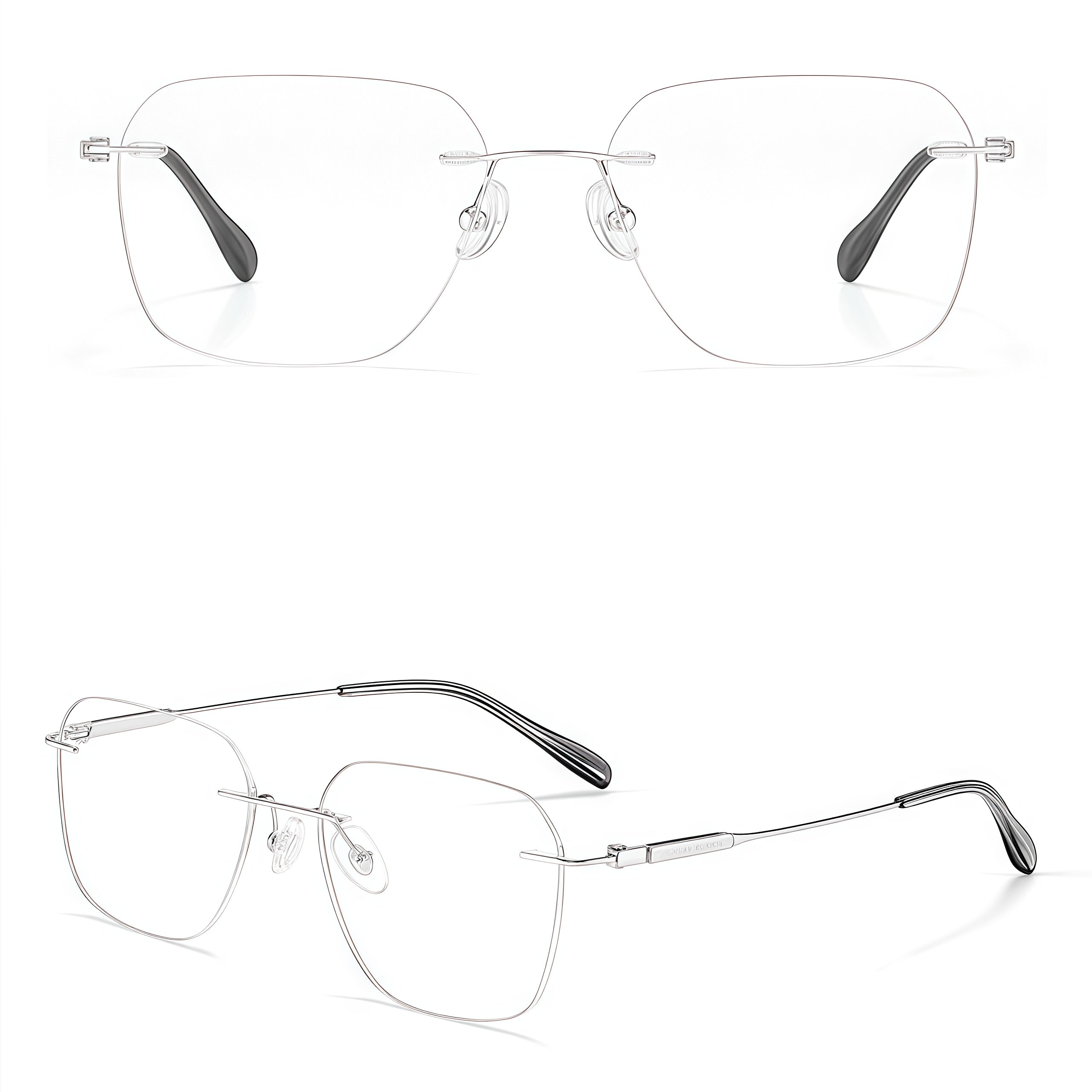 Silver men's pure titanium rimless soft-square eyeglass frames, product view