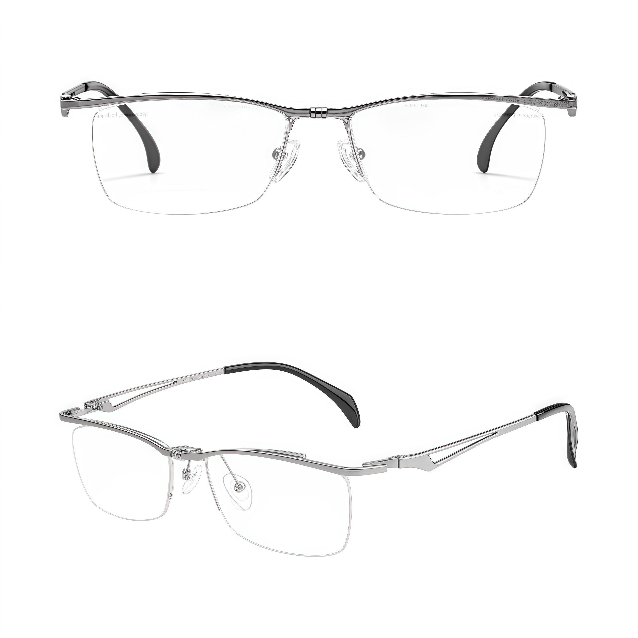 Silver titanium semi-rimless rectangular glasses, original front and 45-degree product detail