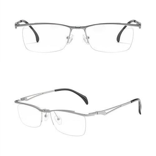 Silver titanium semi-rimless rectangular glasses, original front and 45-degree product detail