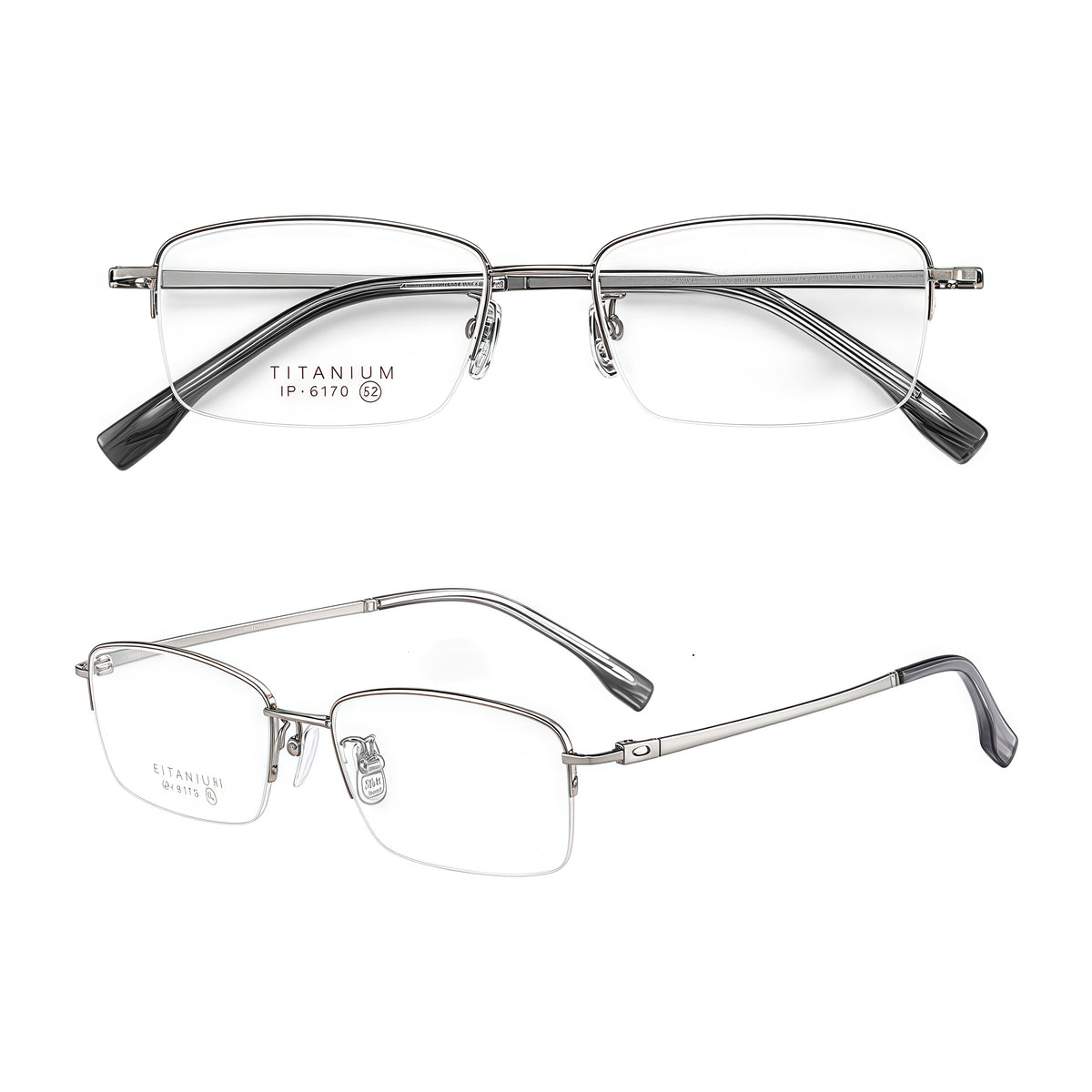 Gunmetal unisex professional titanium semi-rimless glasses, original front and 45-degree composite