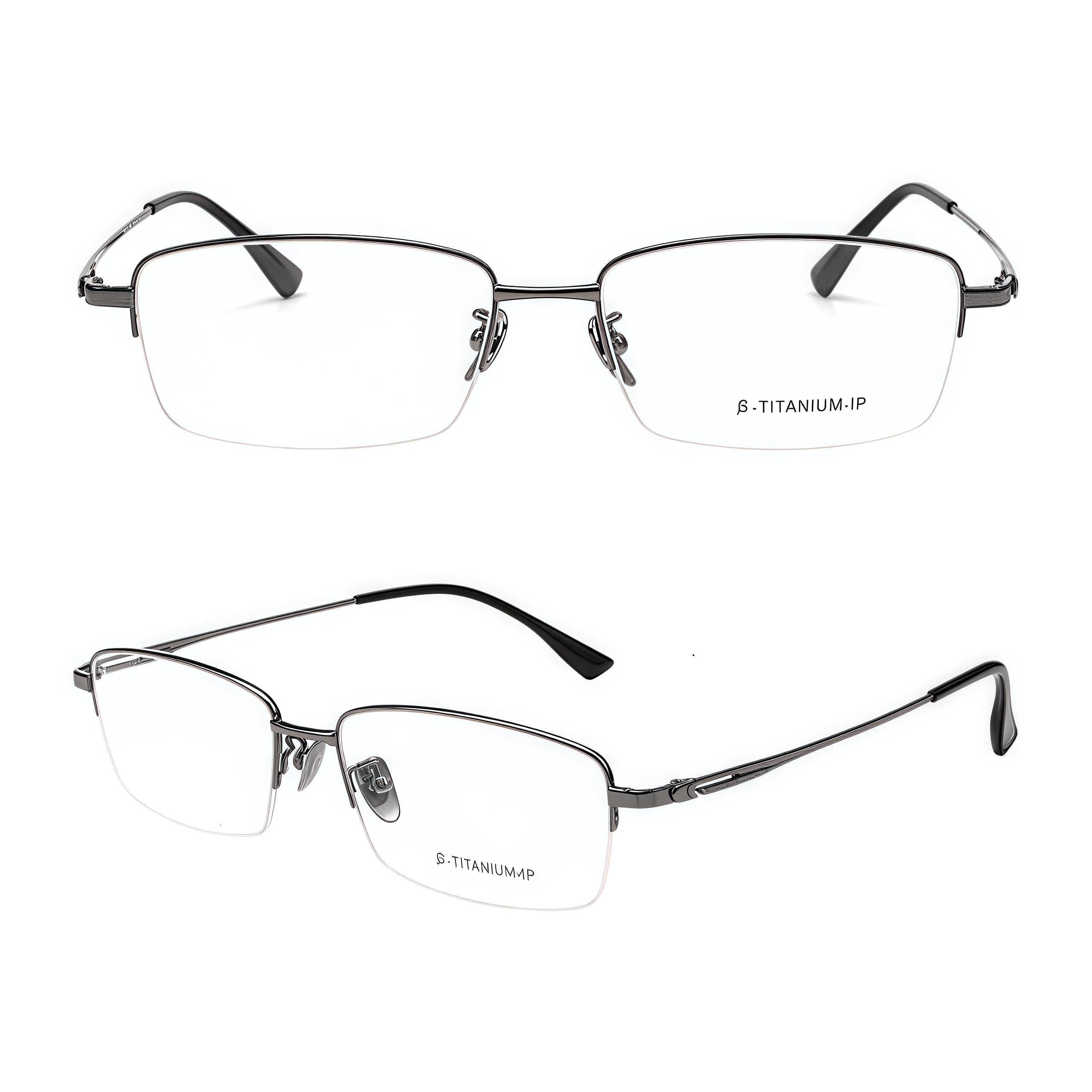 Gunmetal men's vintage pure titanium semi-rimless glasses, front and 45-degree product detail