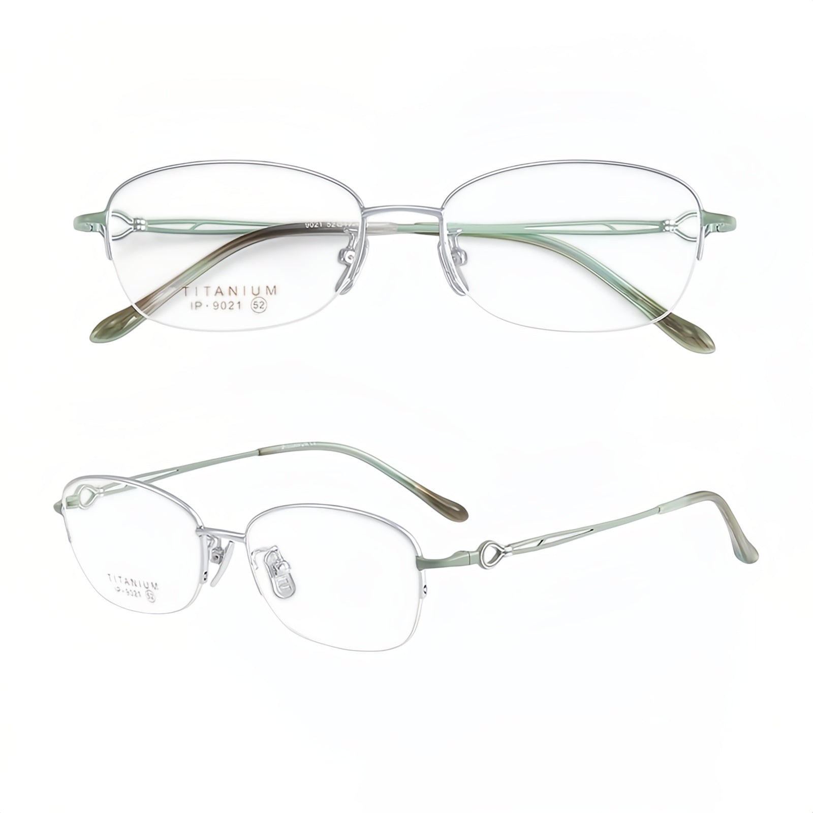 Silver women's vintage minimalist pure-titanium semi-rimless glasses, original front and 45-degree detail