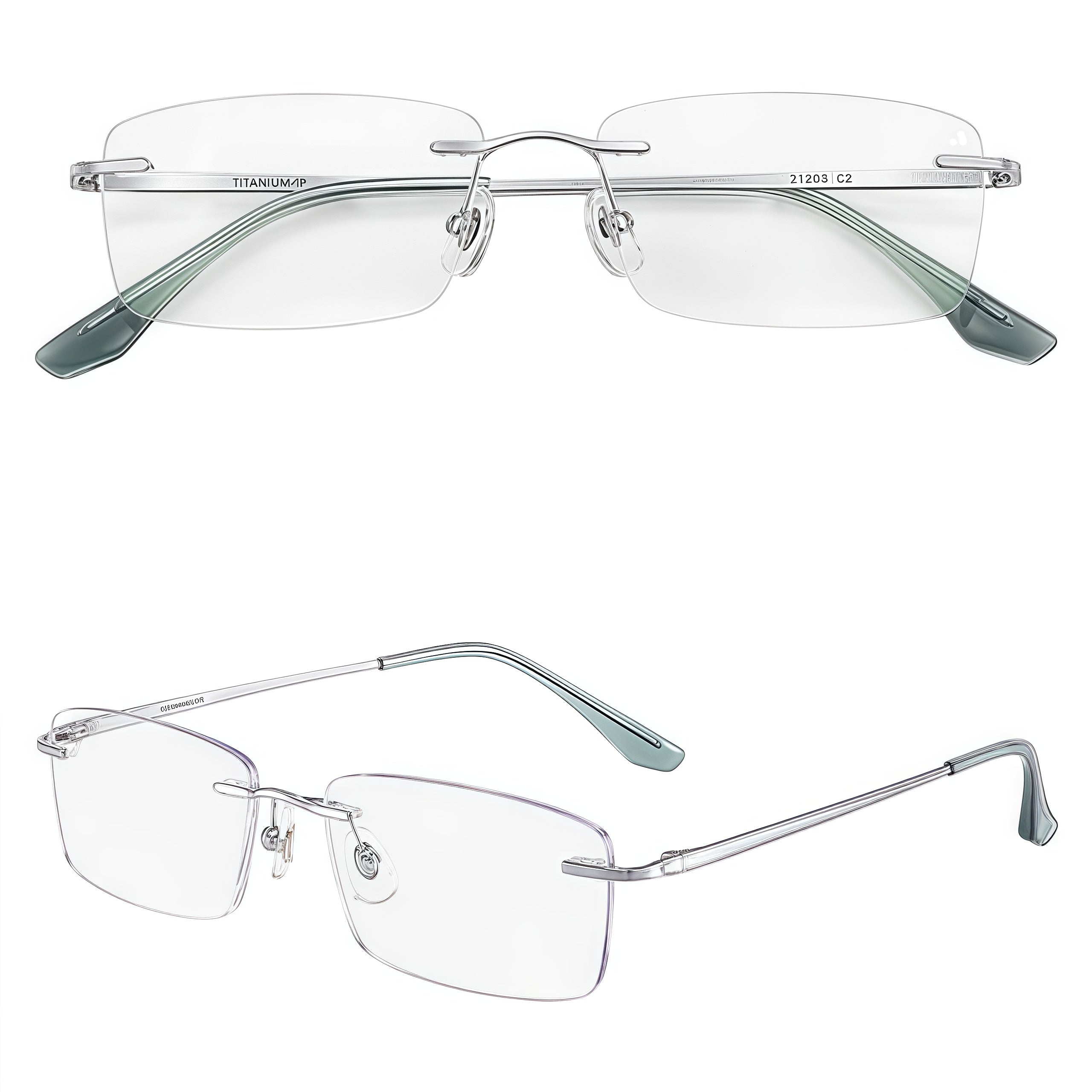 Silver unisex titanium rimless slim rectangular eyeglass frames, product view