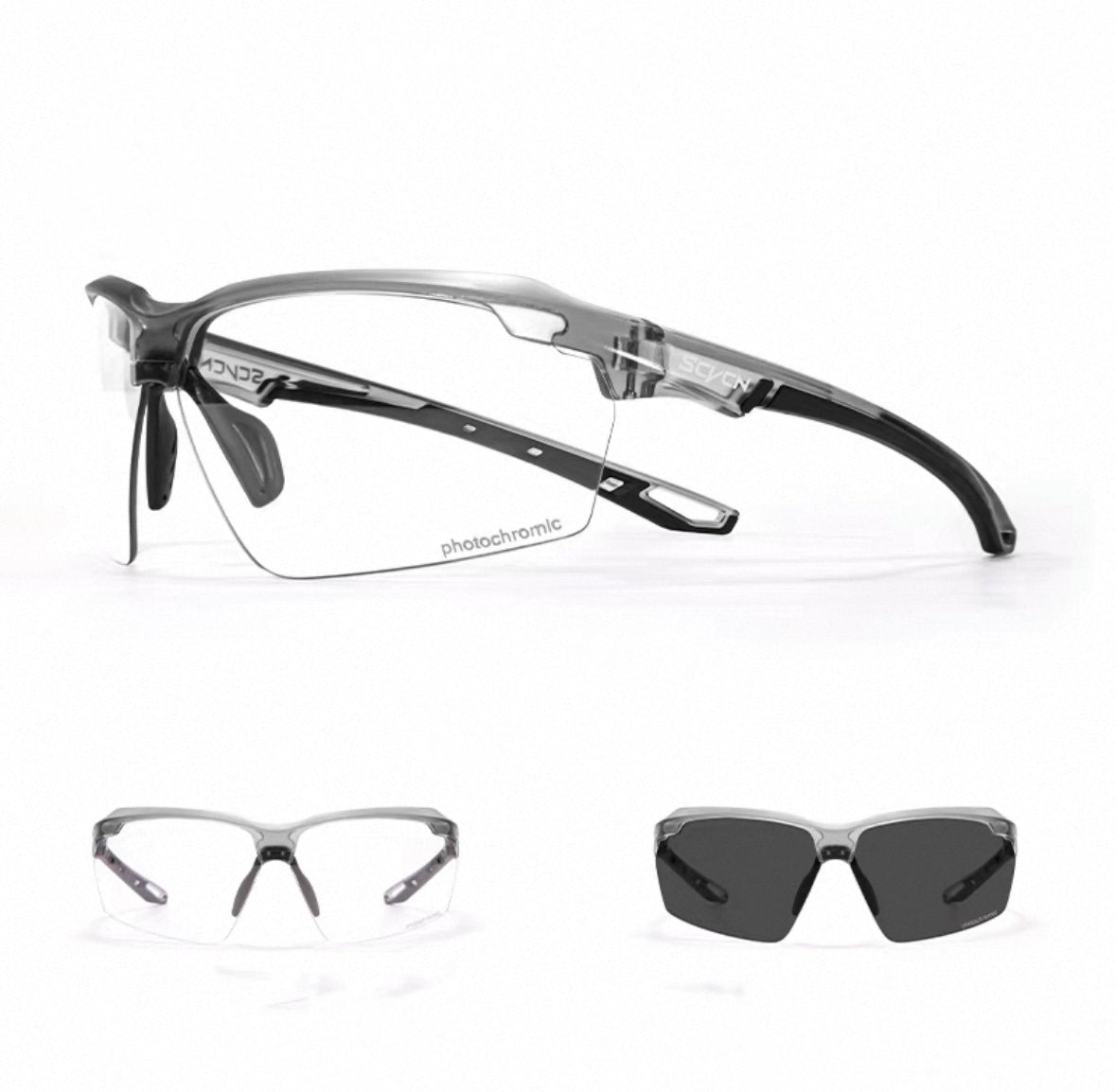 Crystal Grey Frame/Photochromic Black Lens front and 45-degree product views of Day & Night Outdoor Sports Sunglasses