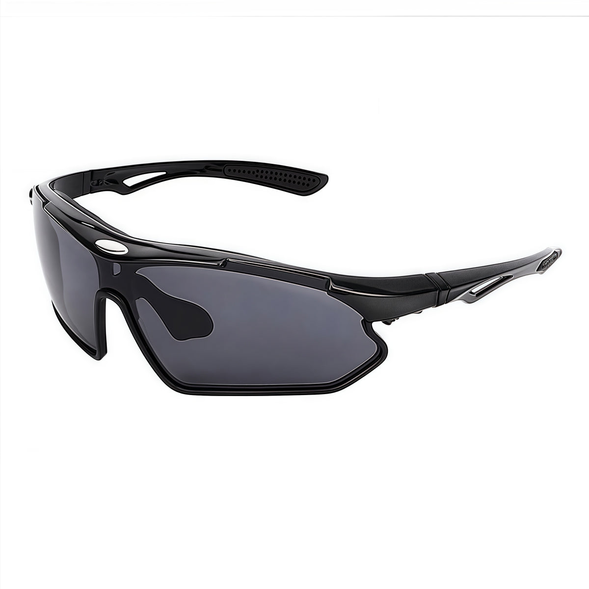 Black Frame/Black Lens unisex tr wraparound shield sunglasses, 45-degree view