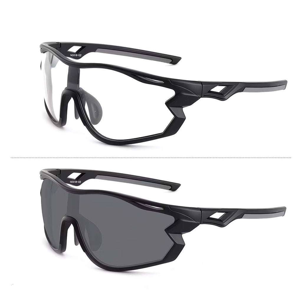 Black Frame/Photochromic Grey Lens 45-degree product view of Outdoor Adventure Windproof Sports Sunglasses