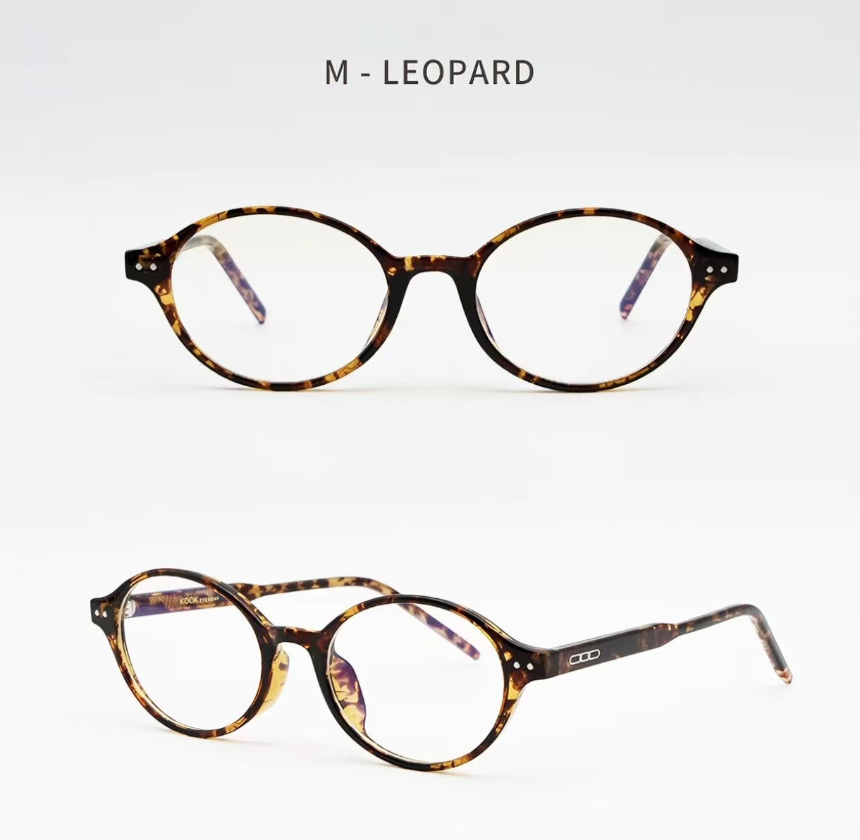 Leopard acetate oval full-rim glasses, original front and 45-degree product detail