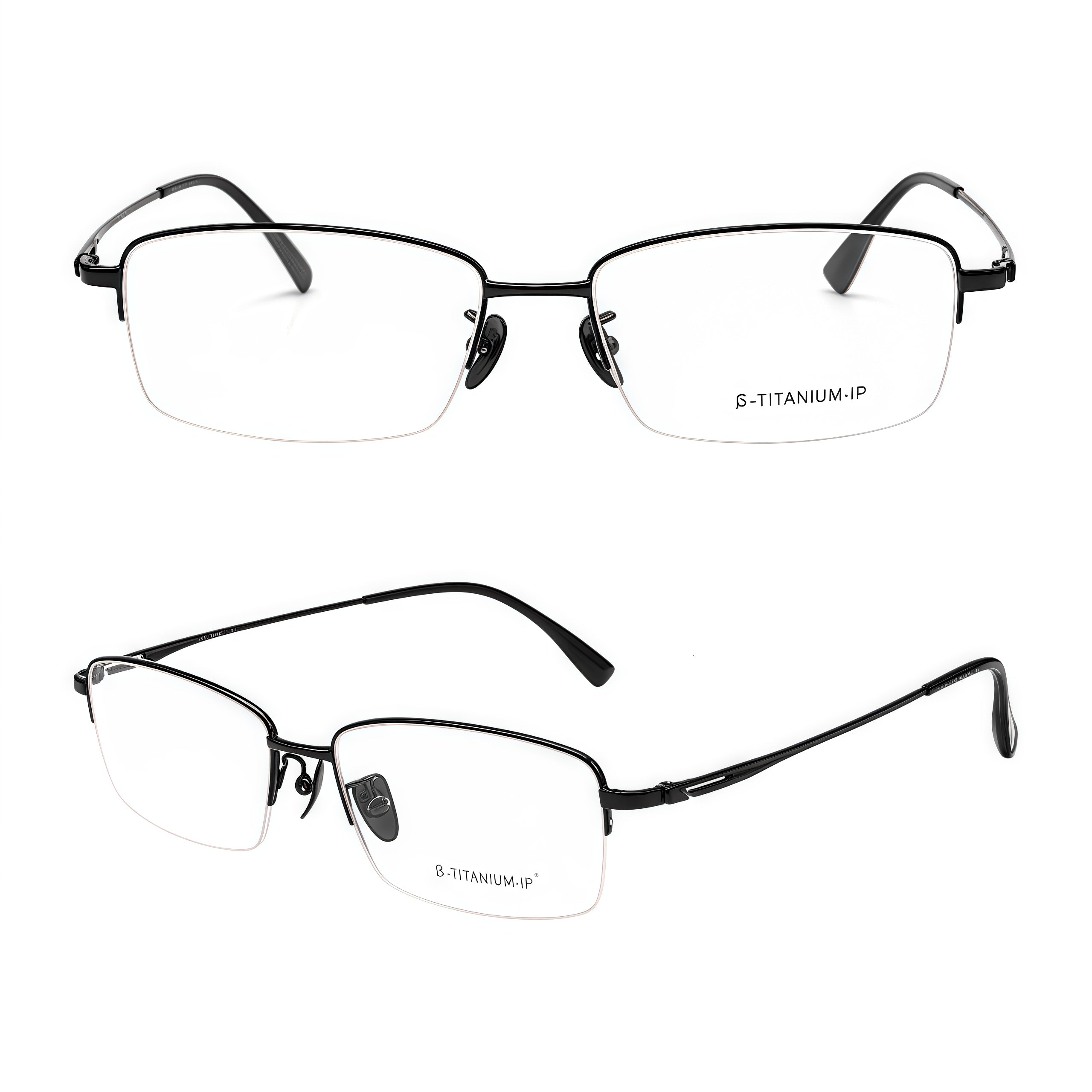 Black men's vintage pure titanium semi-rimless glasses, front and 45-degree product detail