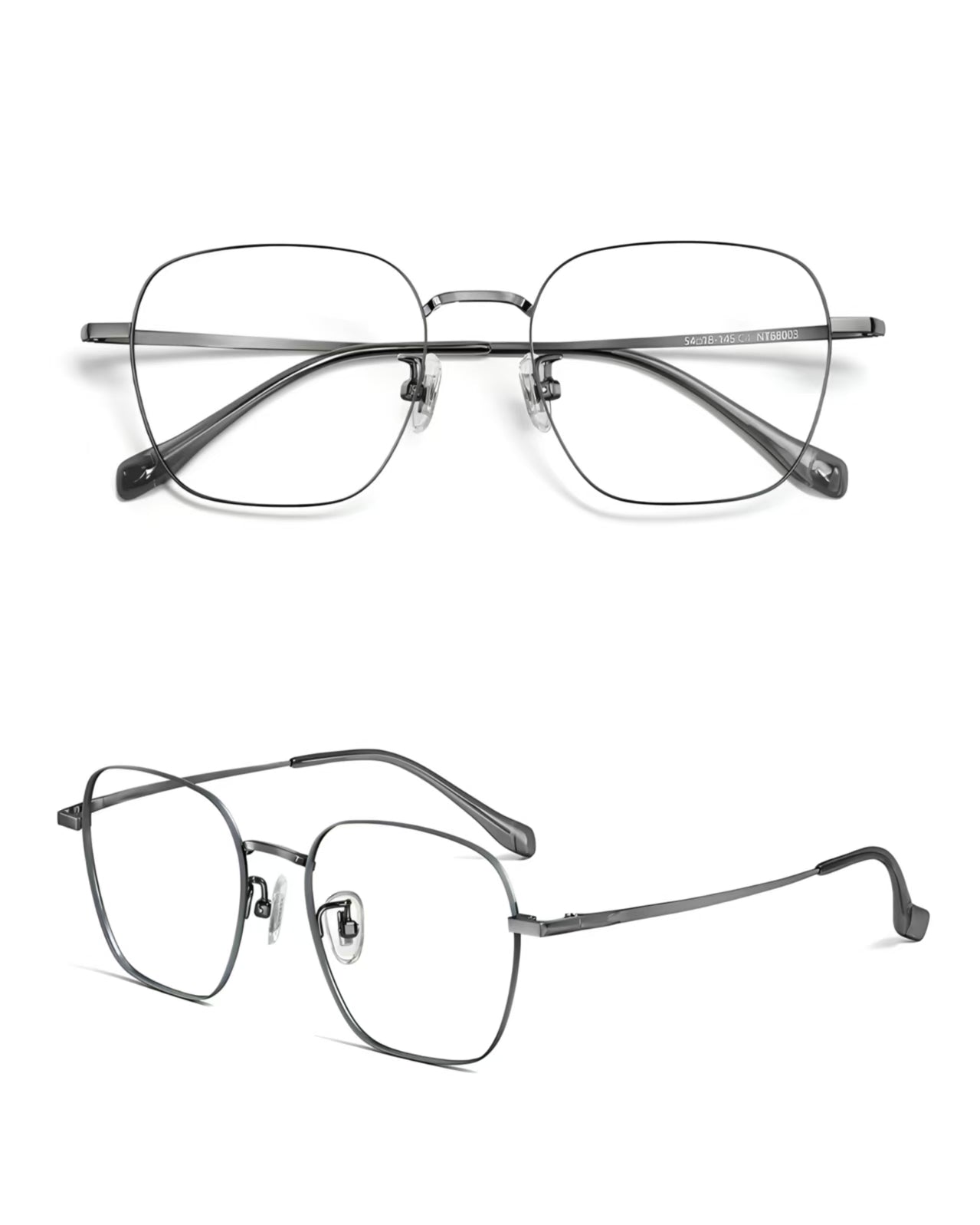 Gray unisex oversized pure titanium full-rim glasses, original front and 45-degree composite detail