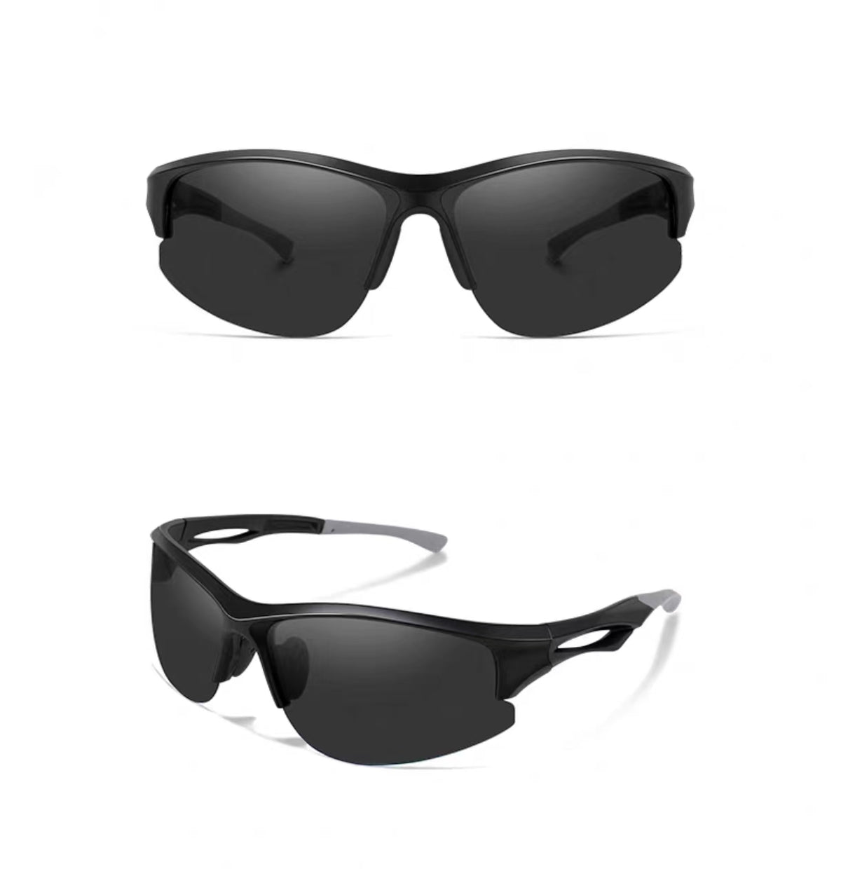 Black wraparound goggles-inspired sports polycarbonate sunglasses, front and three-quarter views