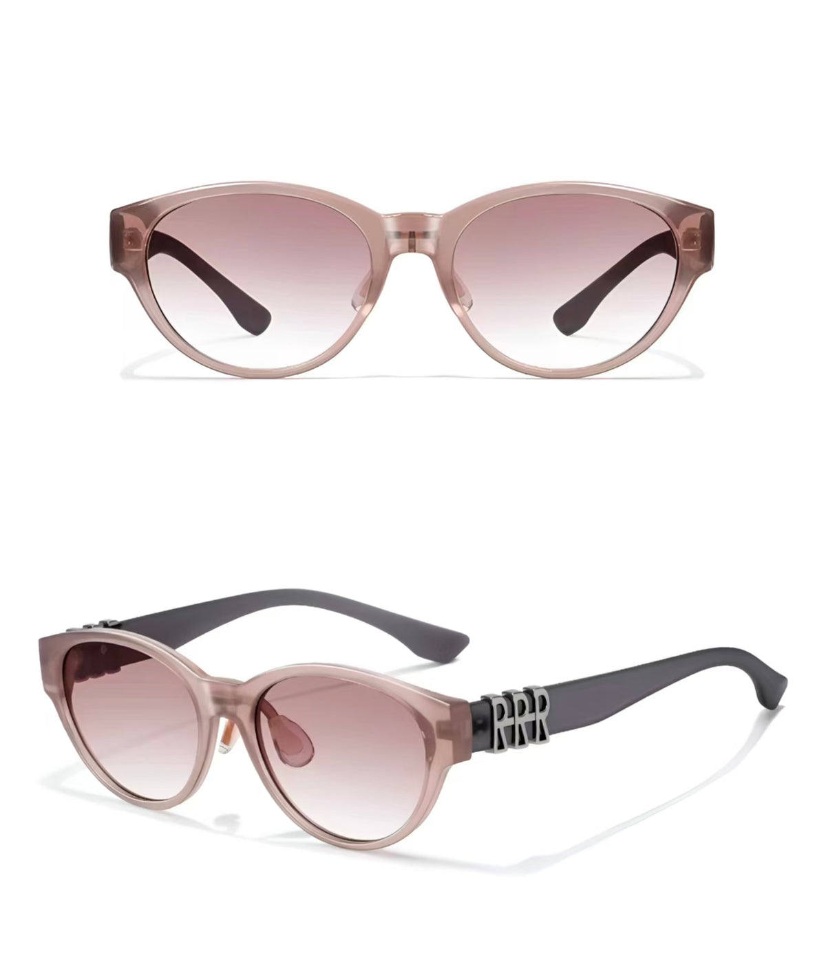 Women’s Dusty Pink full-rim wide cat-eye sunglasses, front and three-quarter views