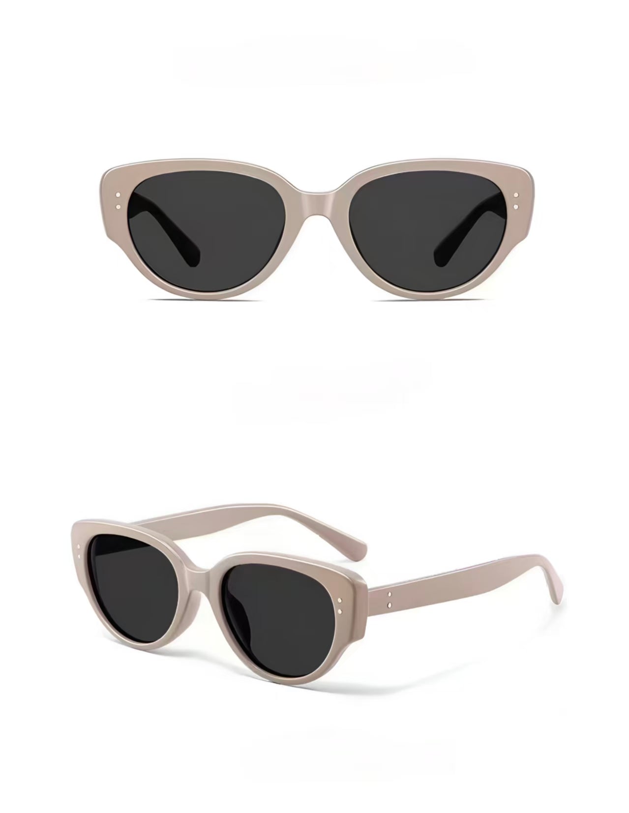 Unisex Latte full-rim narrow cat-eye sunglasses, front and three-quarter views