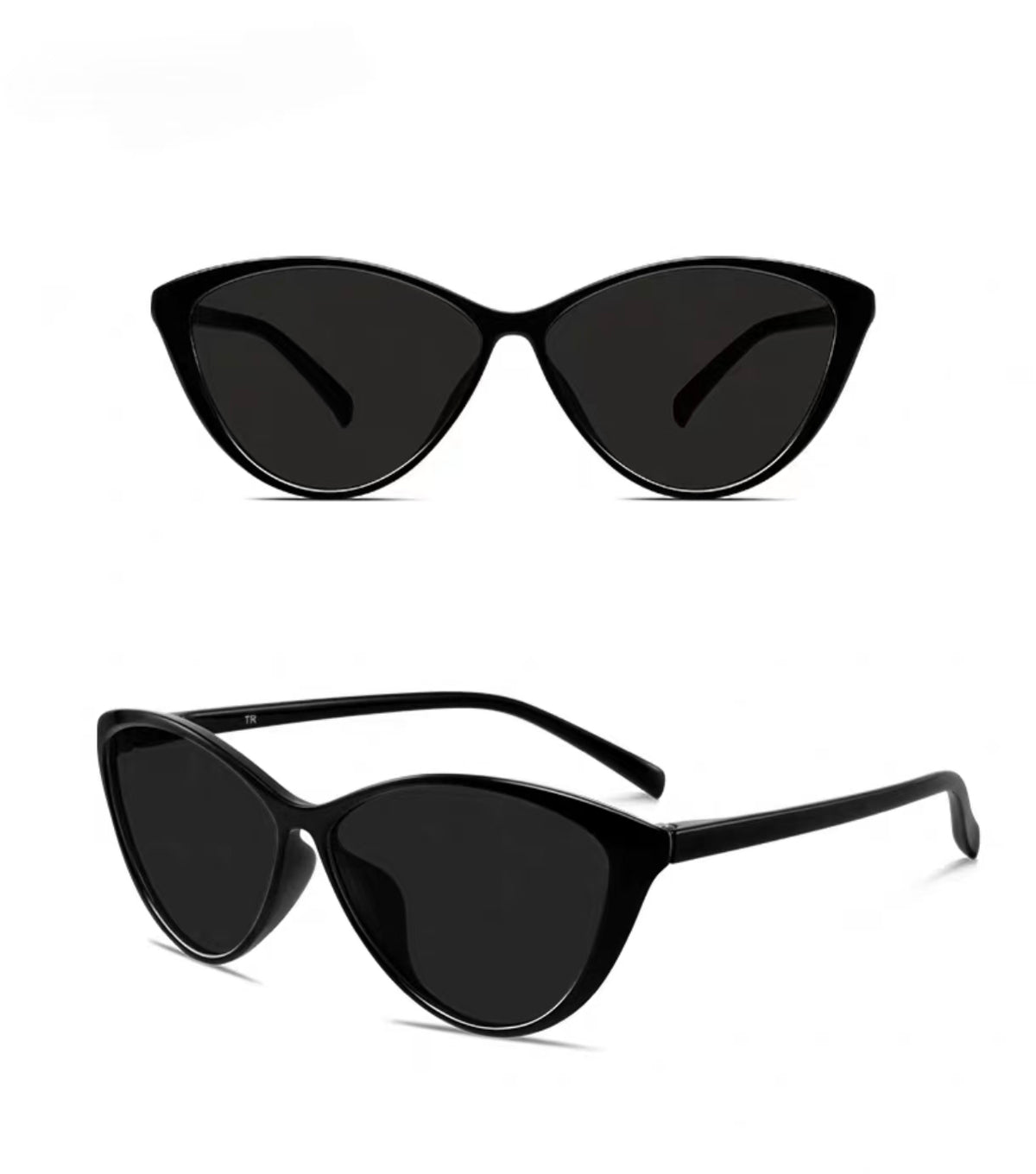 Women’s Black full-rim cat-eye sunglasses, front and three-quarter product views