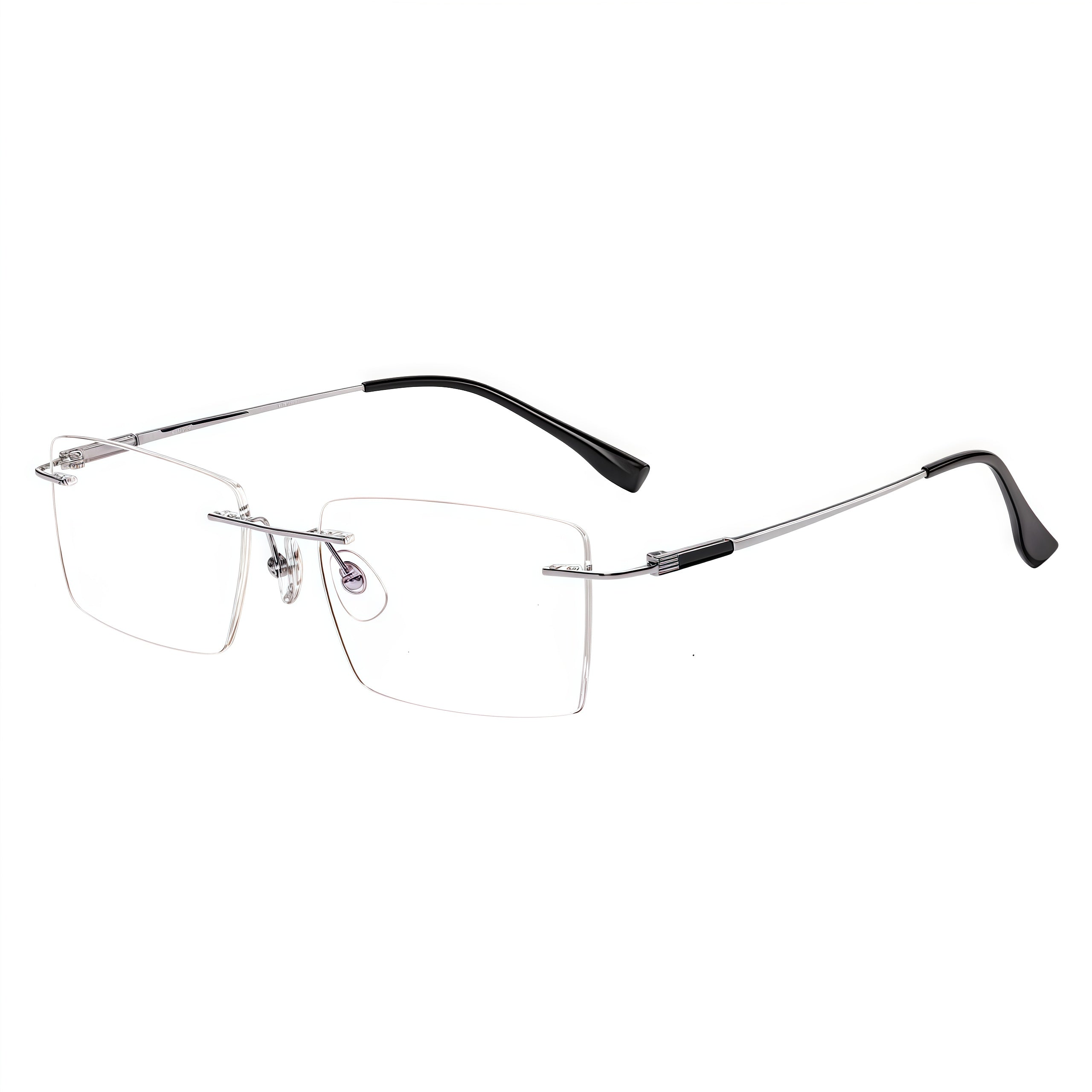 Silver men's titanium rimless rectangular glasses, 45-degree product view