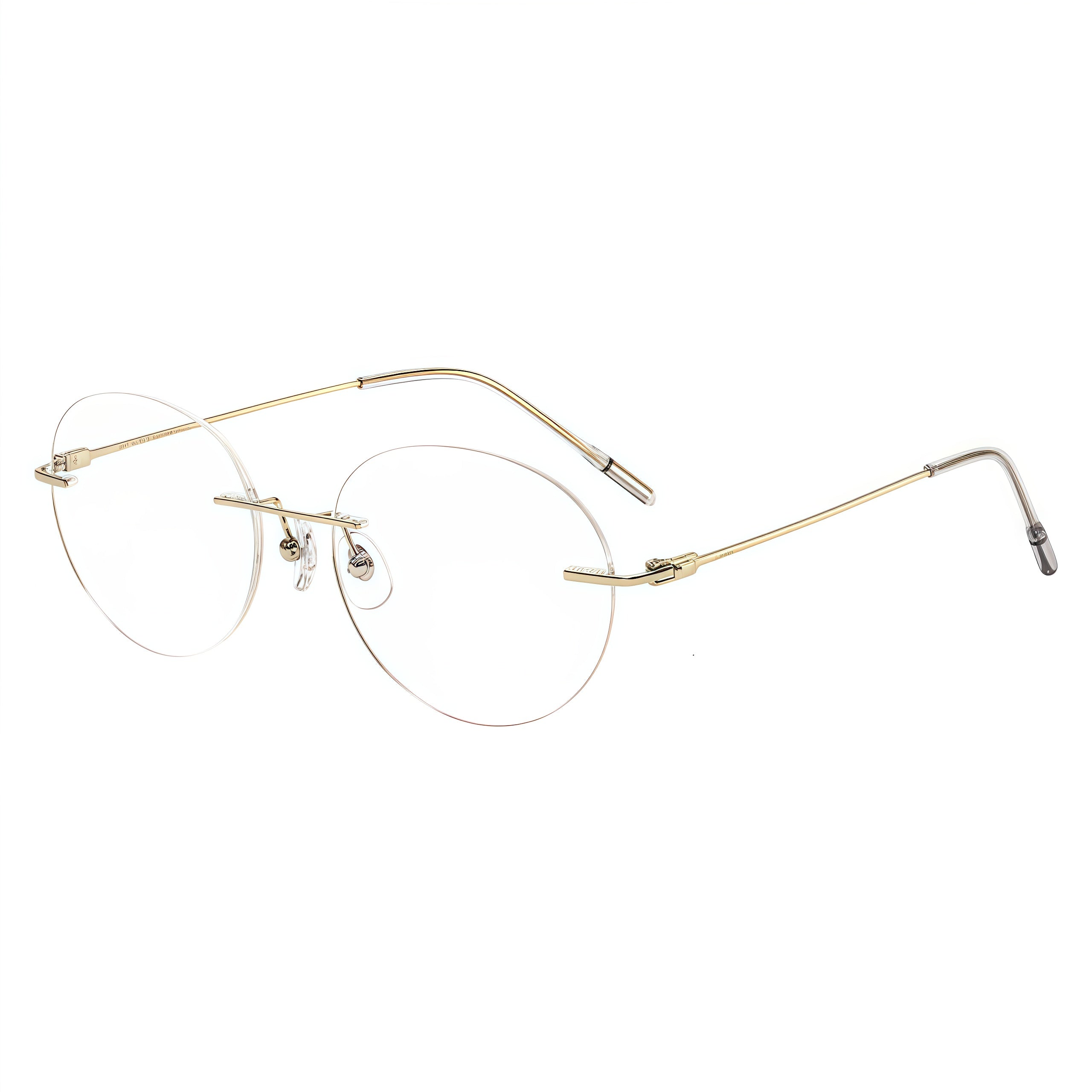Gold rimless oval titanium eyeglass frames, supplier front and angle reference