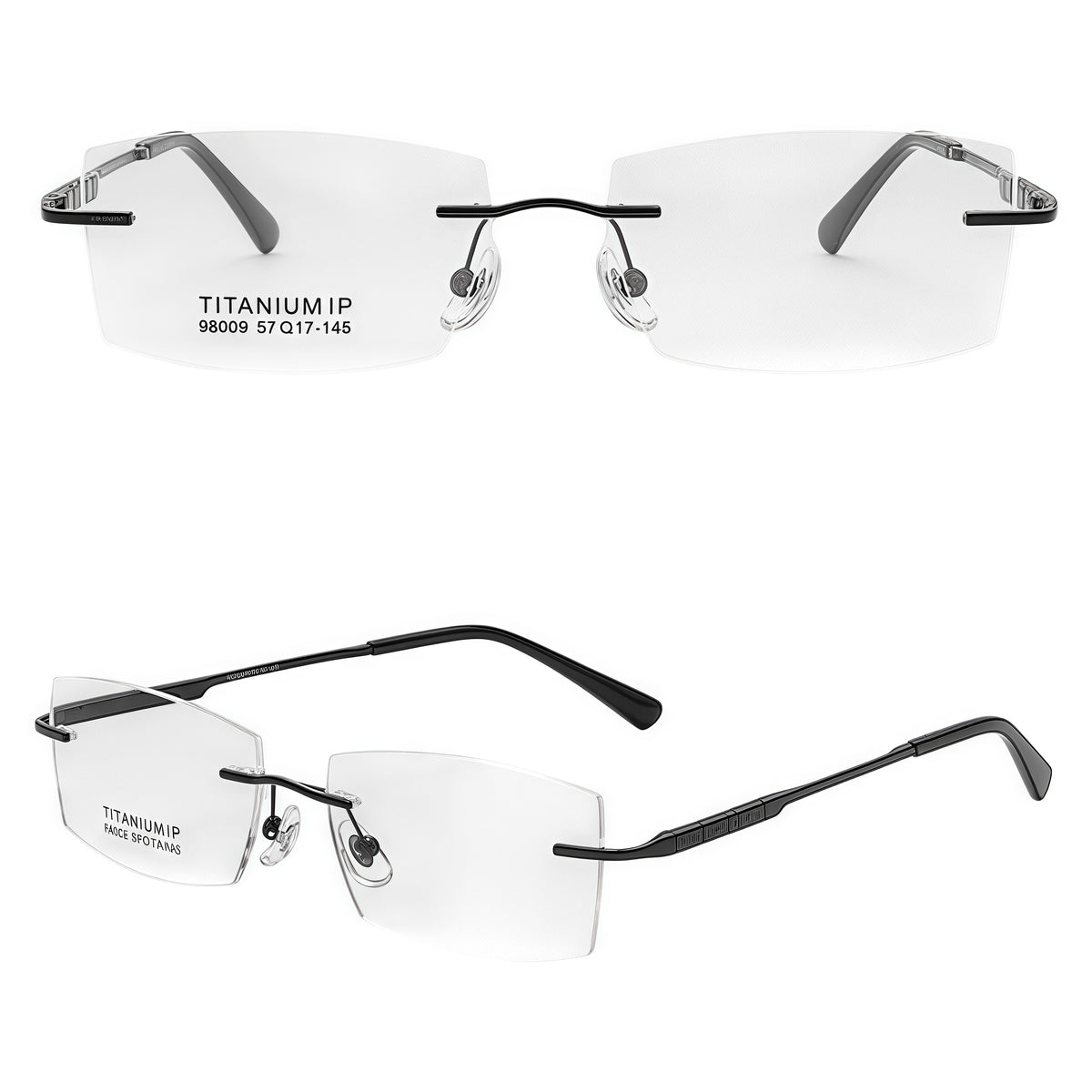 Black men pure titanium narrow rectangular rimless eyeglasses, 45-degree view