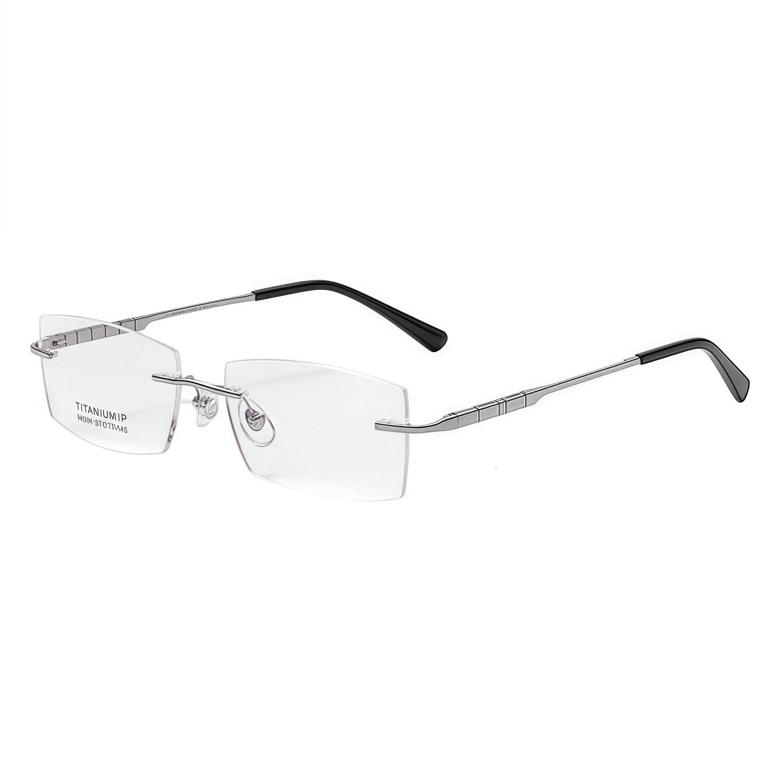 Silver men pure titanium narrow rectangular rimless eyeglasses, 45-degree view
