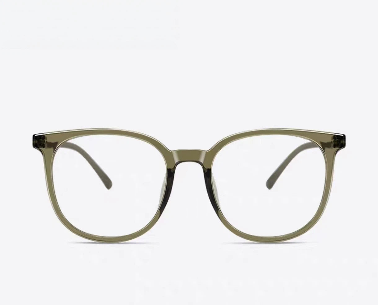 Olive Green oversized square full-rim eyeglass frame, front and three-quarter product views