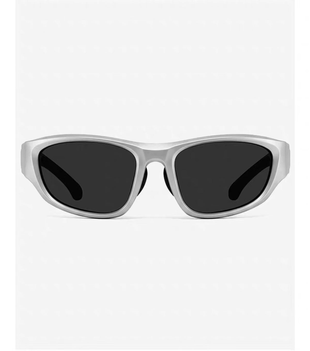 Silver full-rim wraparound polycarbonate sunglasses, front view