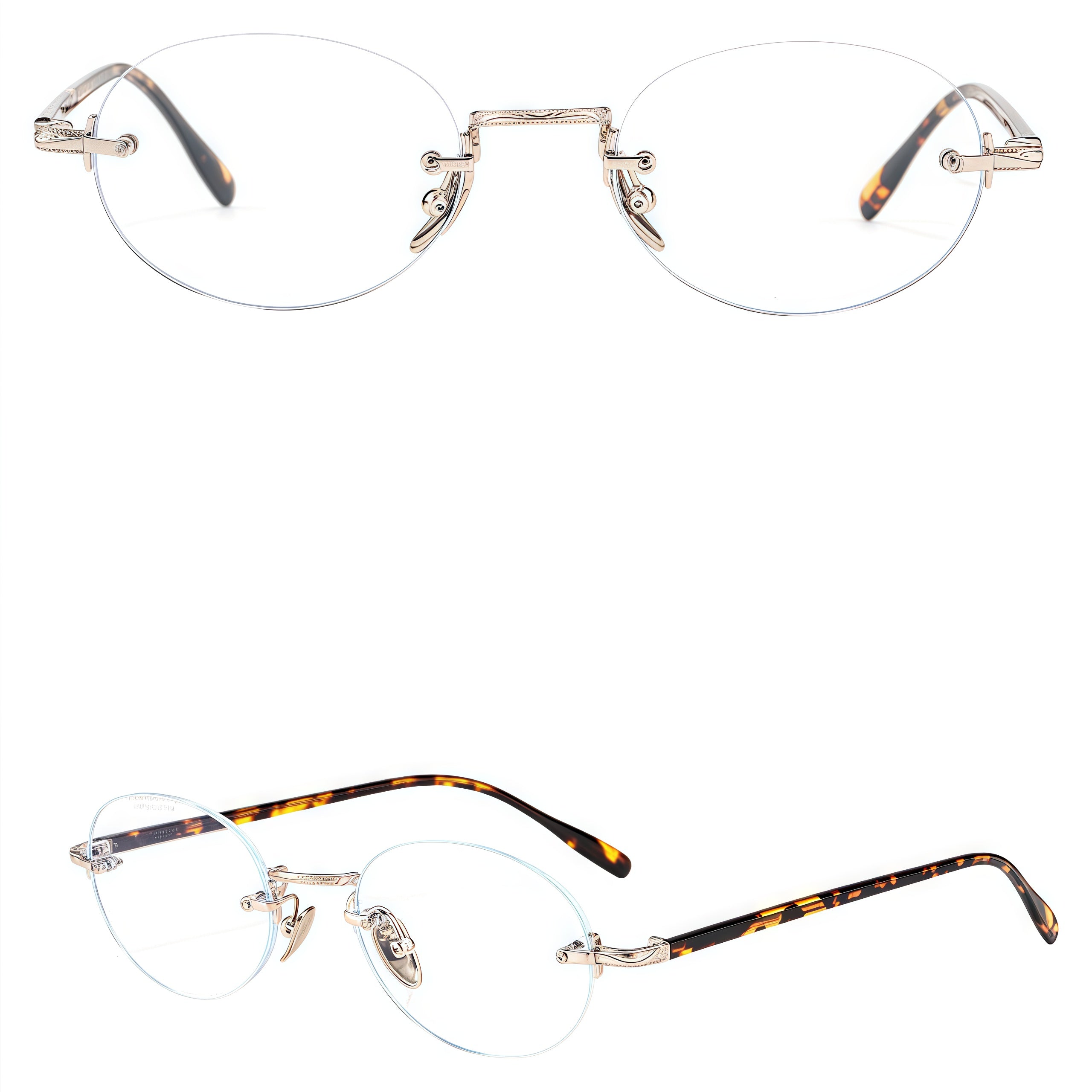 Gold/Tortoise rimless oval titanium and acetate eyeglass frames, supplier front and angle reference