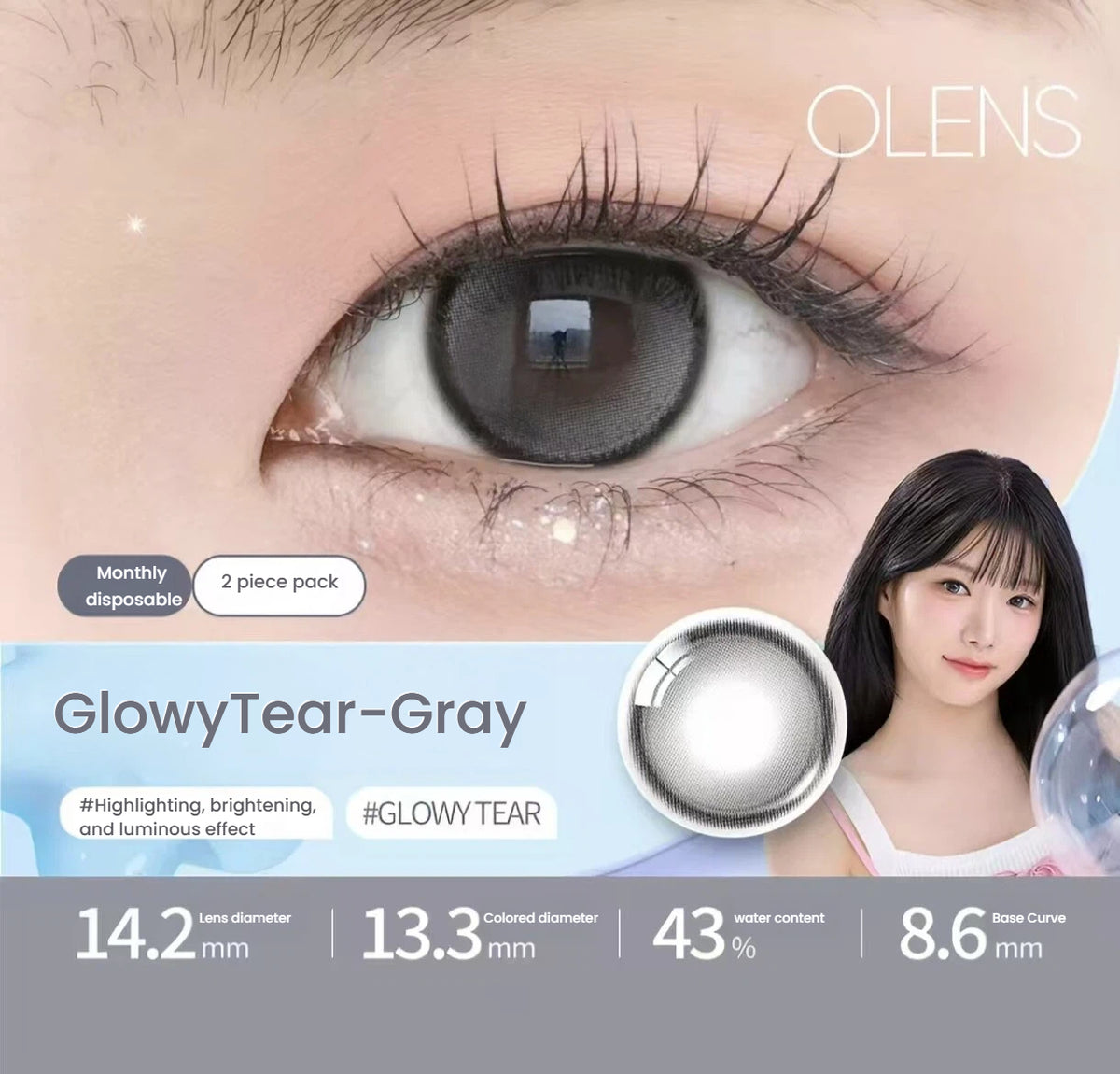 OLENS GlowyTear Gray toric contact lens shown on an eye