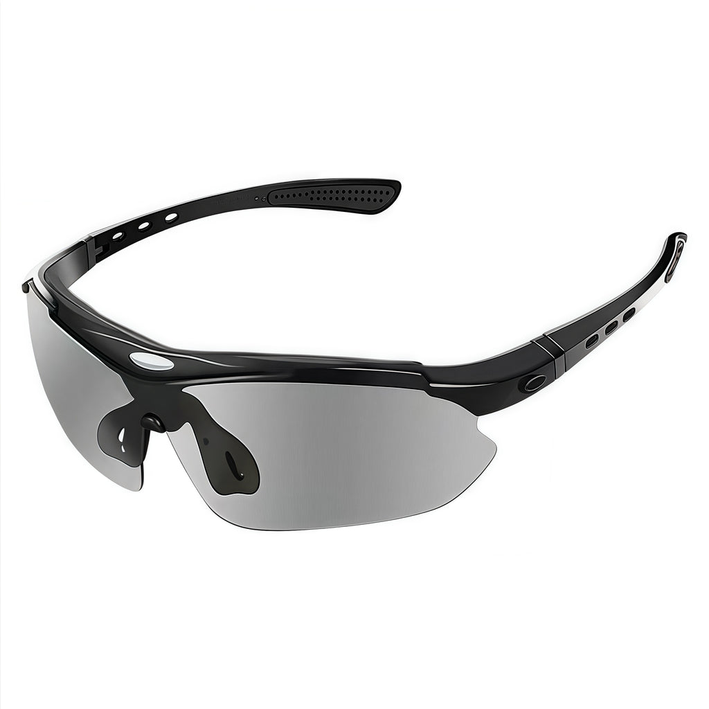Black Frame/Photochromic Grey Lens unisex polycarbonate and rubber wraparound shield sunglasses, 45-degree view