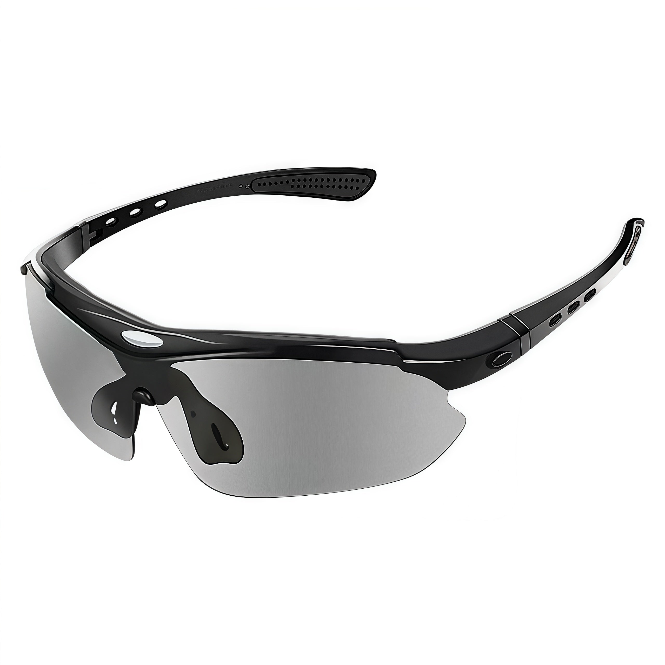 Black Frame/Photochromic Grey Lens unisex polycarbonate and rubber wraparound shield sunglasses, 45-degree view