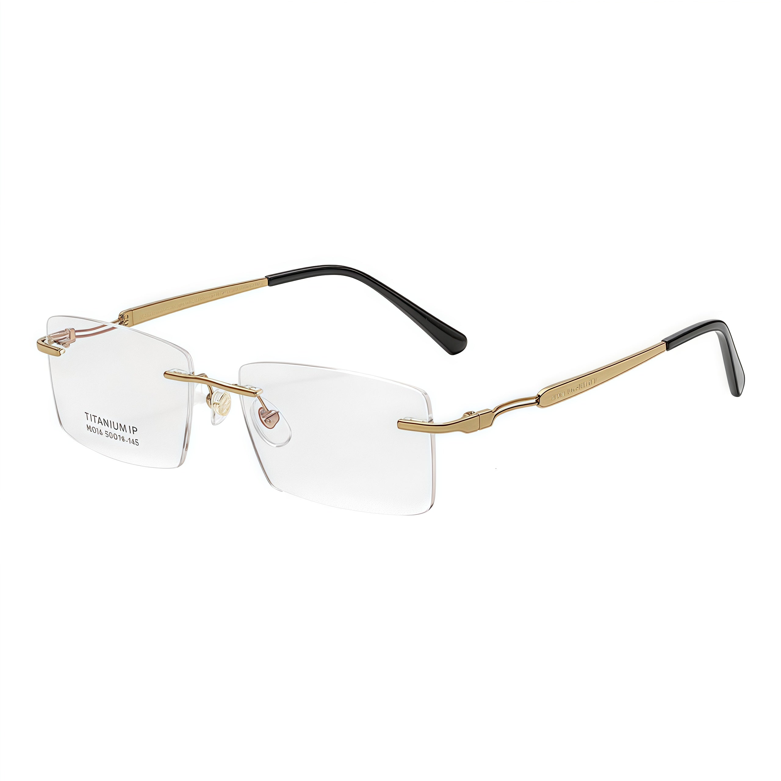 Gold men pure titanium rectangular rimless eyeglasses, 45-degree view
