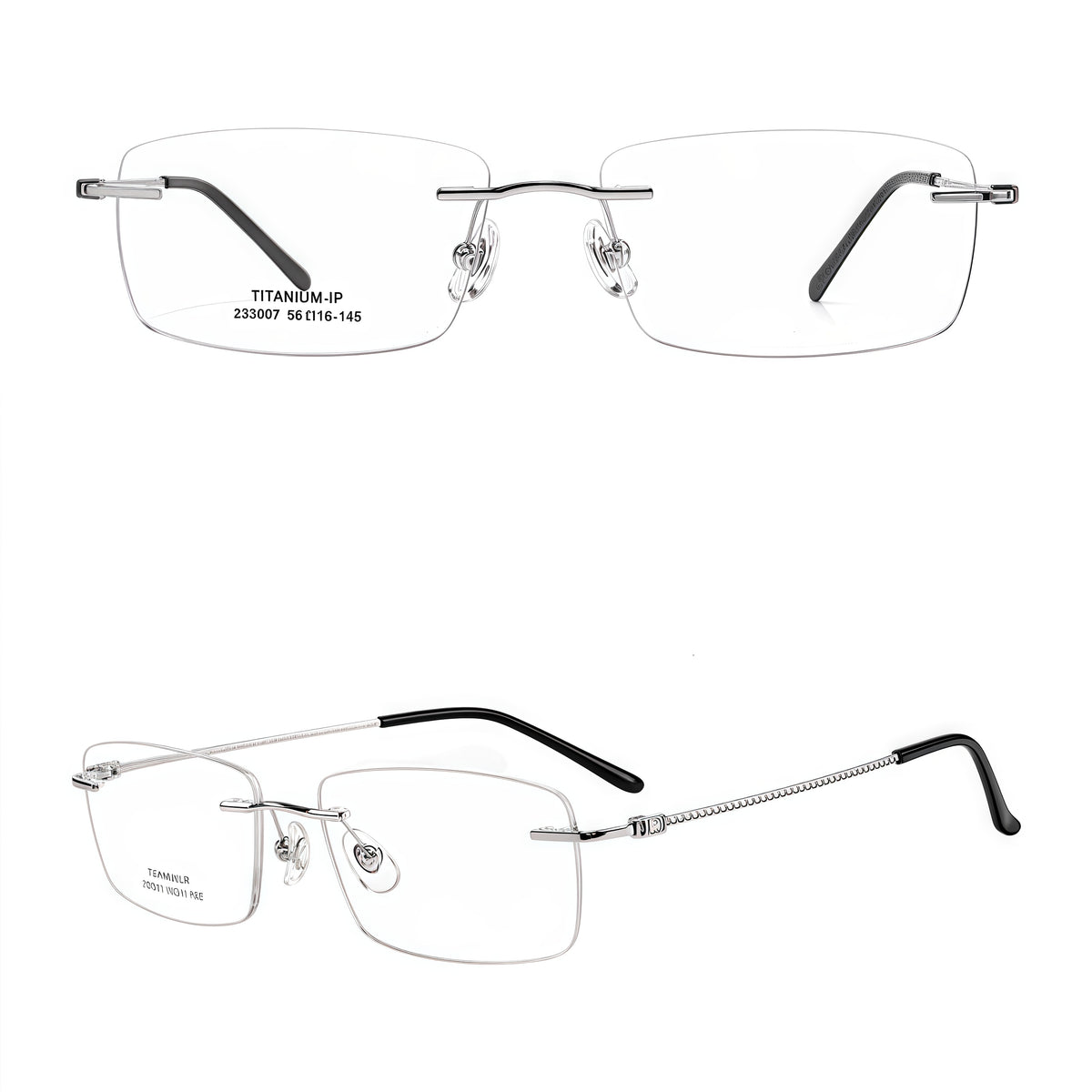 Silver semi-titanium rimless glasses, front and 45-degree composite detail