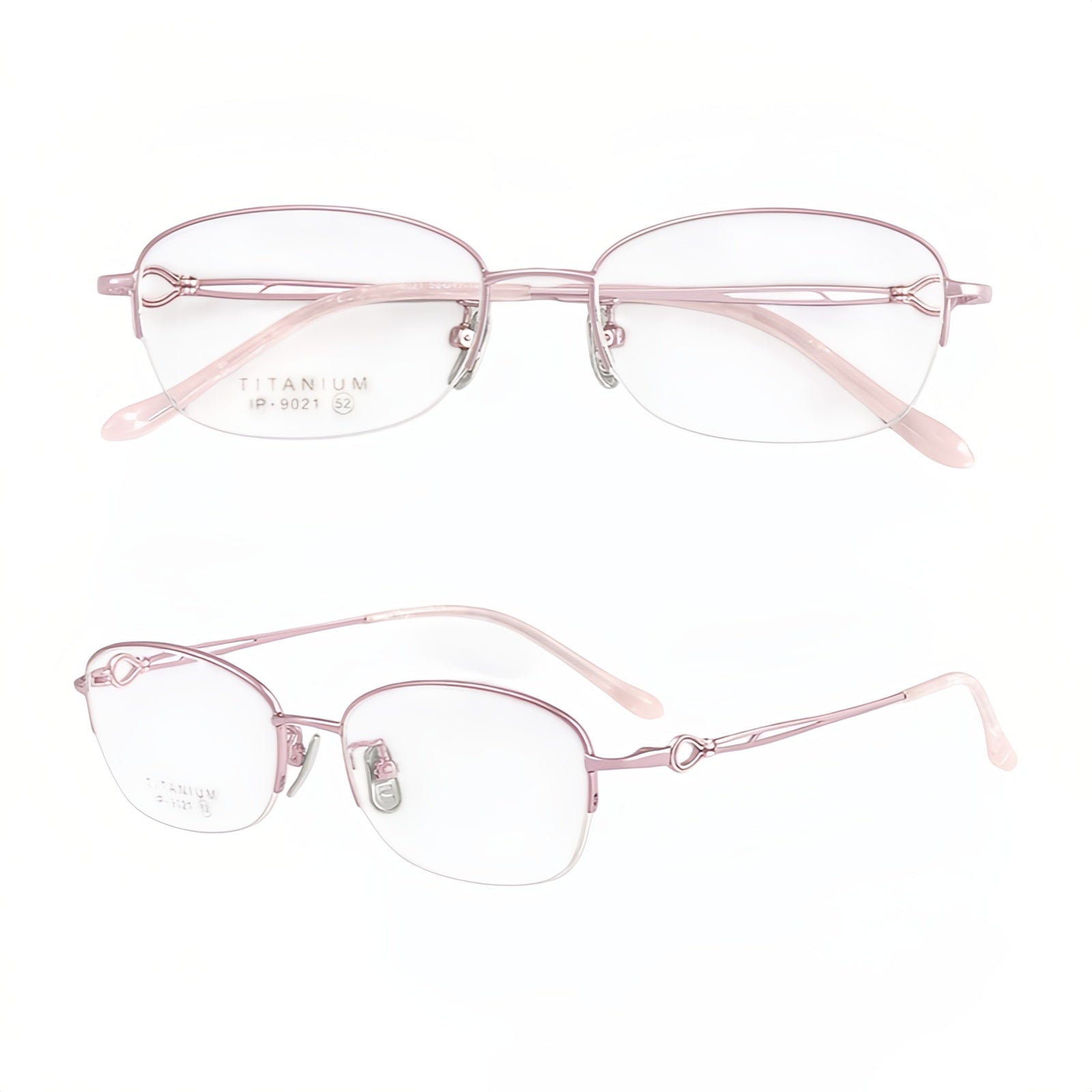 Pink women's vintage minimalist pure-titanium semi-rimless glasses, original front and 45-degree detail