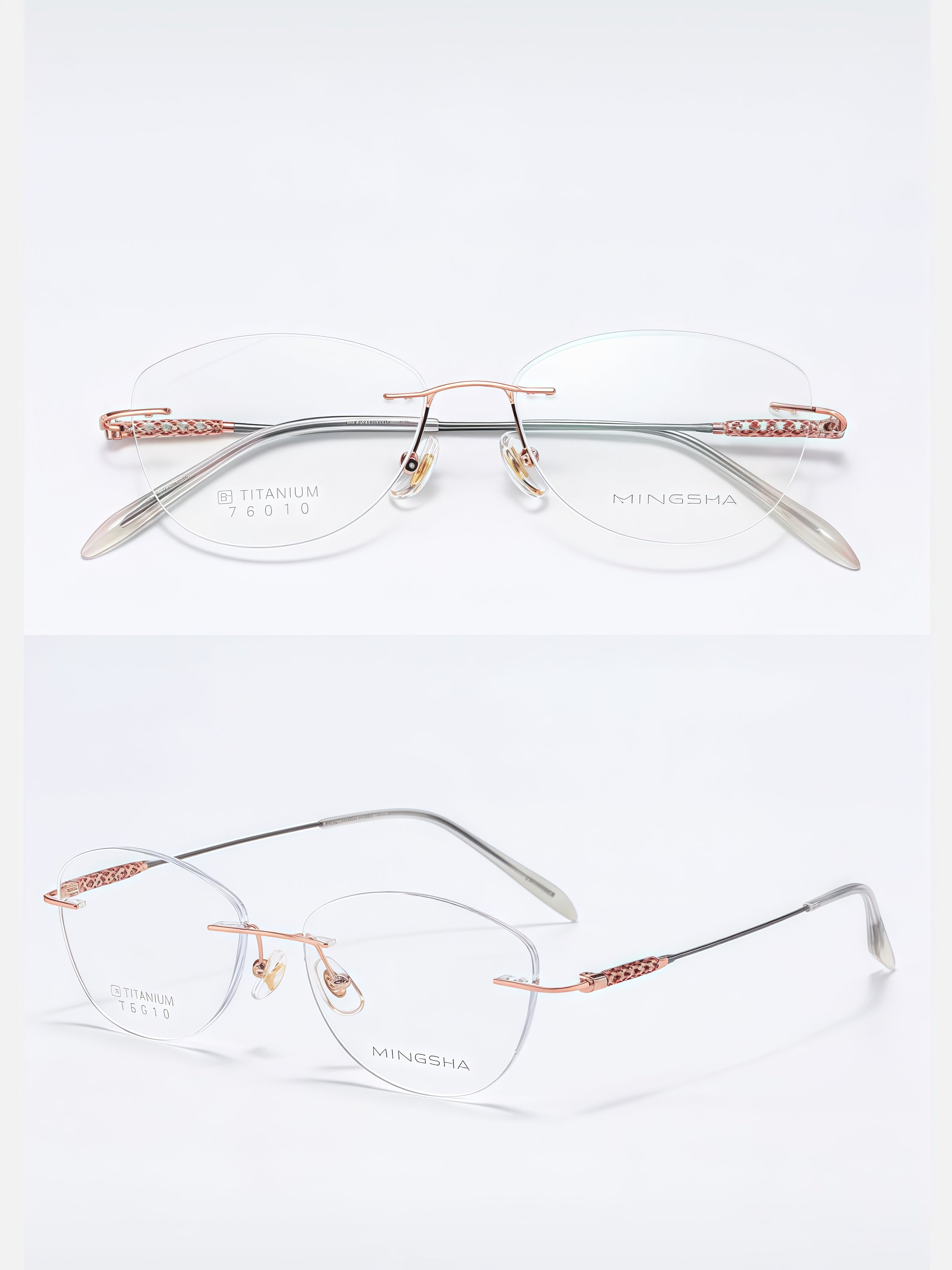 Rose Gold unisex titanium alloy rimless soft geometric glasses, supplier front and three-quarter views