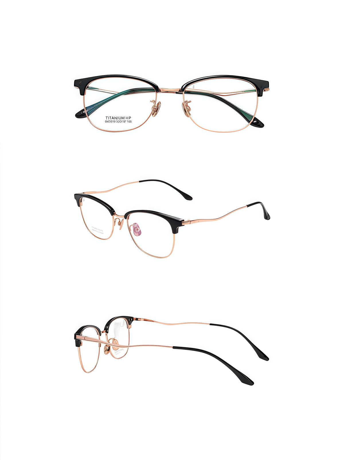 Black/Gold unisex vintage TR-and-titanium semi-rimless glasses, original front, 45-degree and side detail