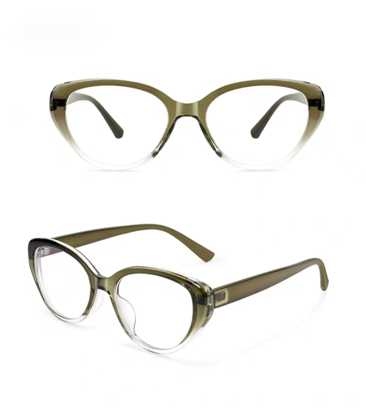 Olive Green retro TR90 full-rim eyeglass frame, front and 45-degree product views