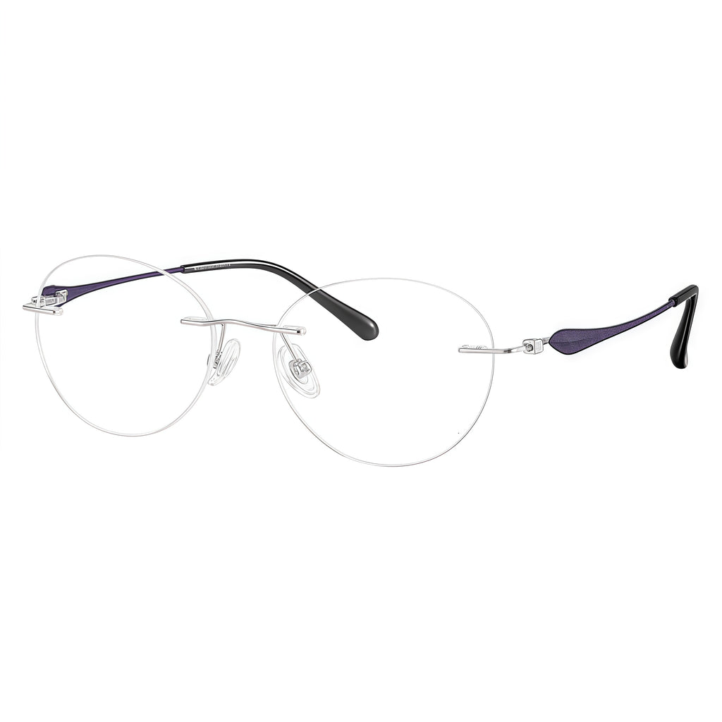 Matte Purple/Silver rimless soft oval pure titanium eyeglass frames, supplier front and angle reference