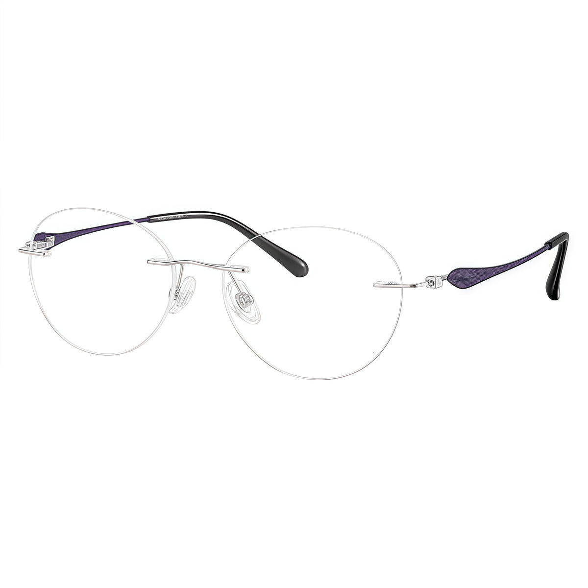 Matte Purple/Silver rimless soft oval pure titanium eyeglass frames, supplier front and angle reference