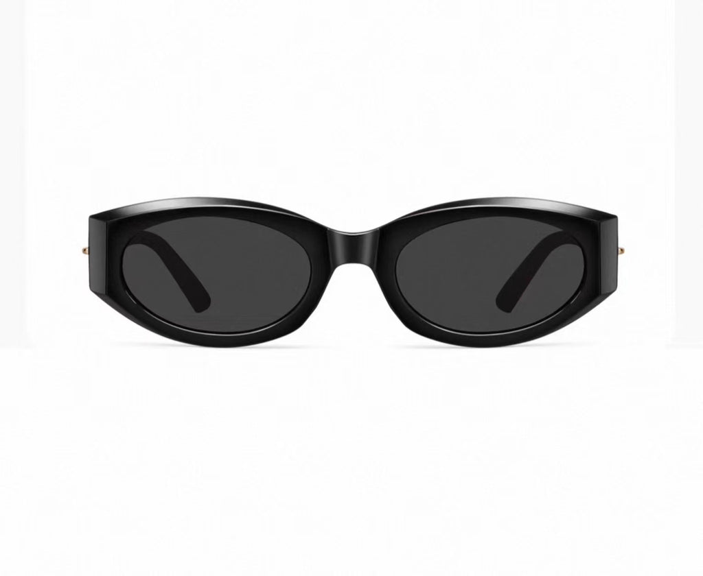 Women’s Black full-rim narrow rectangle sunglasses, front and three-quarter views