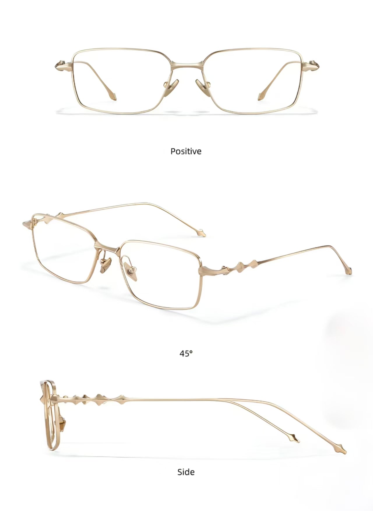 Gold unisex ultralight titanium narrow rectangular glasses, supplier three-view composite detail