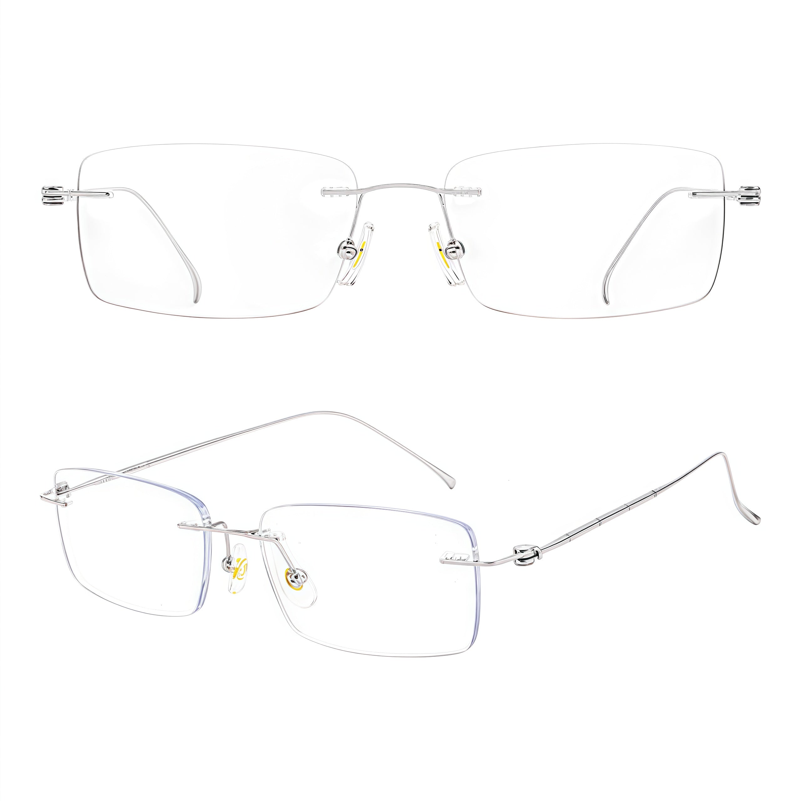 Silver titanium rimless glasses, front, 45-degree and temple composite detail