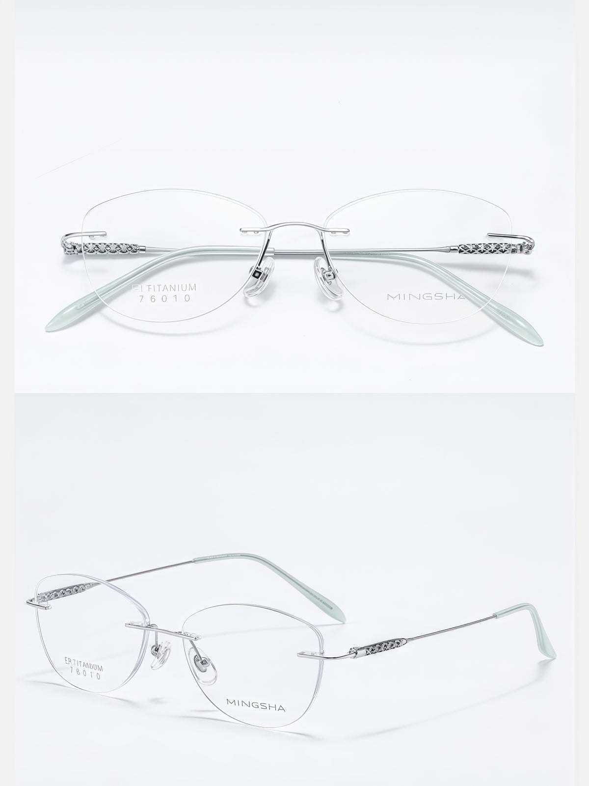 Silver unisex titanium alloy rimless soft geometric glasses, supplier front and three-quarter views