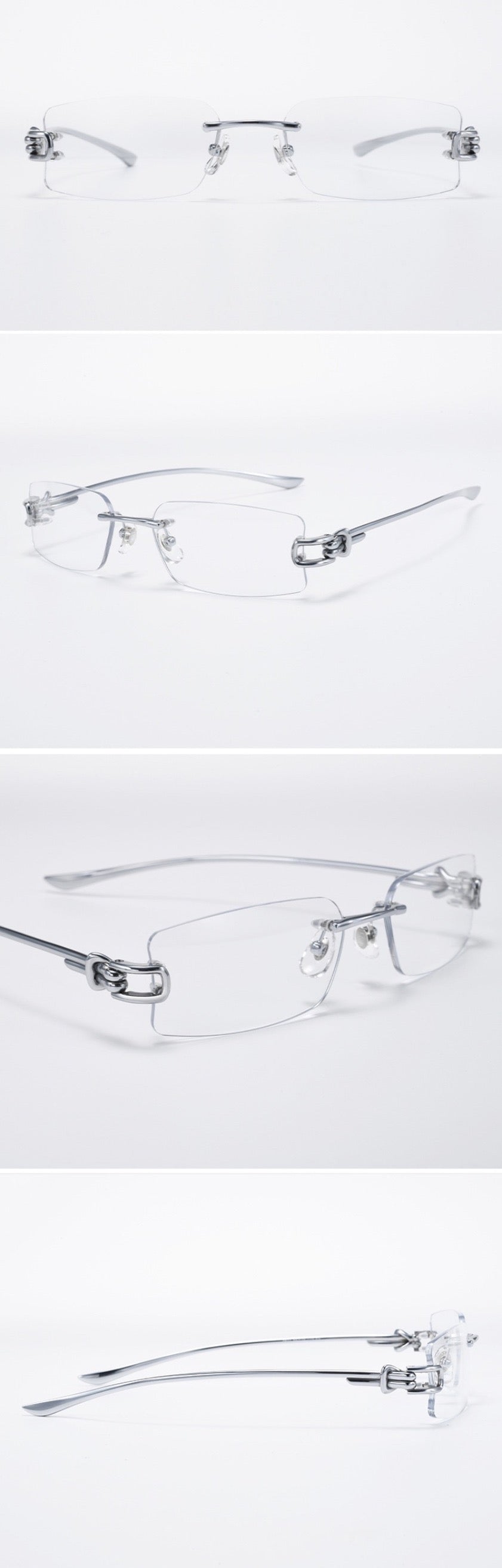 Silver unisex pure titanium rimless narrow rectangular glasses, supplier front and three-quarter views