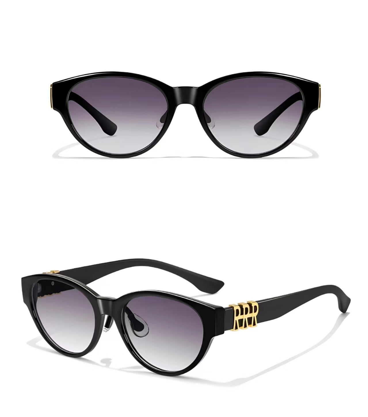 Women’s Black Plum full-rim wide cat-eye sunglasses, front and three-quarter views