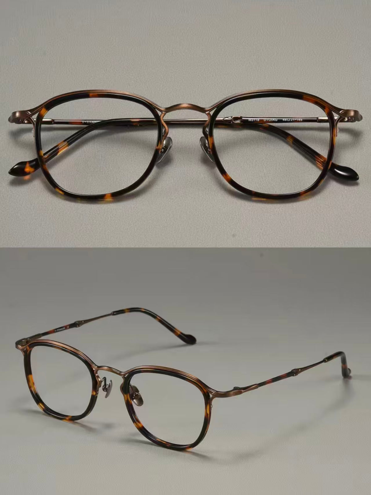 Tortoise Shell men's titanium-acetate full-rim round-square glasses, supplier composite detail